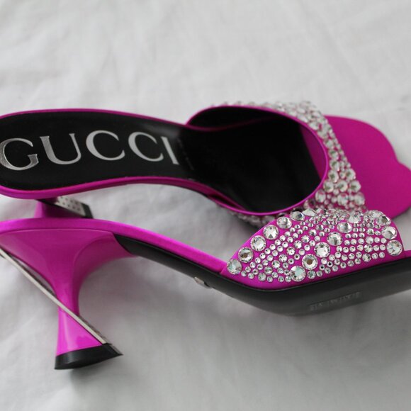 NWB Gucci Jeweled Beaded Raso Seta Fuchsia Heels Sandals 40 749663 - Picture 7 of 10